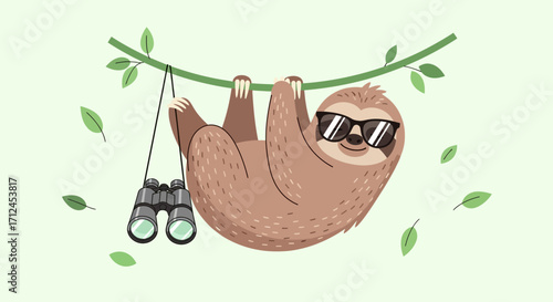 Cool Sloth Relaxing And Enjoying Nature, Hanging From A Tree Branch With Binoculars