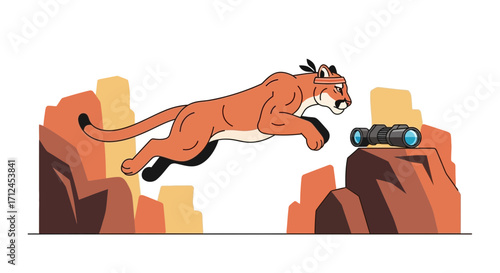 Cougar Jumping Towards Binoculars, Desert Landscape, Illustration, Vector Design