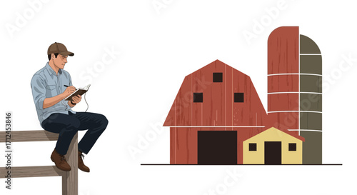 Countryside Planner: A Farmer Contemplates With Farm Structures In His Surroundings