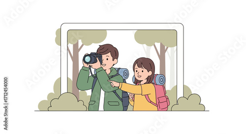 Couple Captures Memories Outdoors With Backpacks And Camera In Illustrated Nature