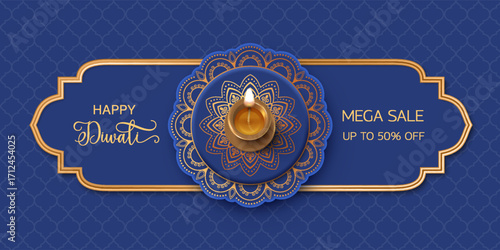 Diwali Concept design. Traditional background with diya lamp, golden frame and rangoli pattern