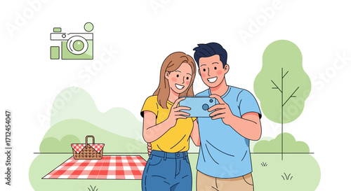 Couple Capturing Moment Outdoors, Enjoying Nature, Taking Photo With Smartphone