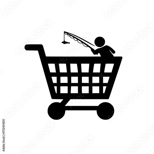Creative vector of man fishing from shopping cart symbolizing retail strategy and consumer bait