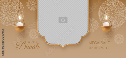 Diwali Festival sale banner with empty space for photo image, copper diya lamp and golden frame