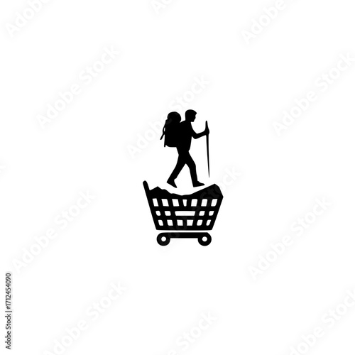 Vector of a person climbing with shopping cart for adventure shopping and online retail concept

