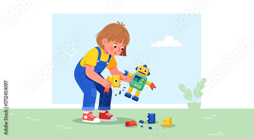 Child Discovers Broken Toy Robot And Reacts With Concern On A Sunny Day