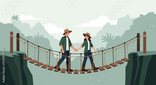 Couple Embarking On An Adventure Over A Rope Bridge In A Lush, Green Landscape
