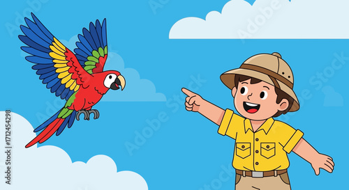 Curious Child Spotting a Vibrant Parrot in the Sky Above a Bright Azure Backdrop