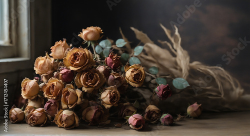 Close up of dried rose bouquet on table near window. Vintage bouquet of faded roses with nostalgic mood. Dried flowers showing passage of time.
