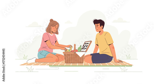 Couple Enjoying A Leisurely Picnic Outdoors On A Sunny Day With Food and Drinks