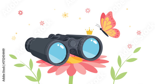 Binoculars Butterflies And Flowers Capturing Nature's Enchantment, Springtime Discovery Scene