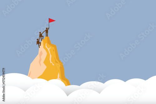 people running up a mountain, leadership, teamwork, success concept