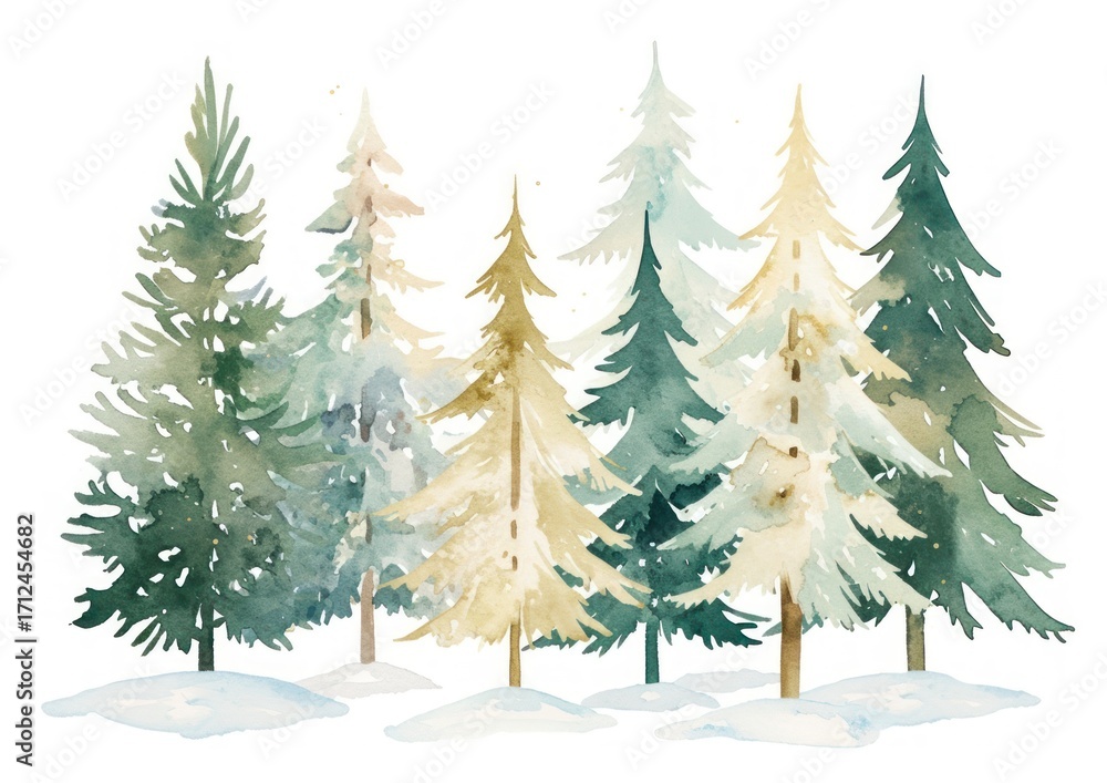 Obraz premium Simple christmas trees with snow coverd illustration watercolor pine.