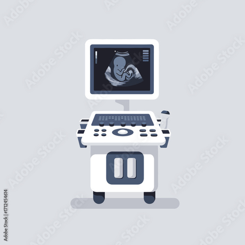 Vector Medical Ultrasound Machine Illustration in Modern Minimalist Style with Blue and Gray Tones