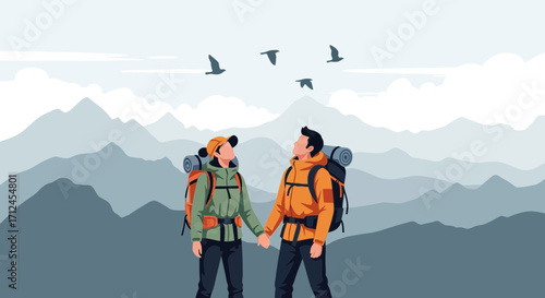 Couple Enjoying Hiking Together Admiring Mountains and Observing Free Bird Flying Above Heavens