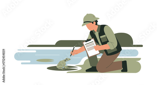 Biologist Observing A Green Frog In Natural Habitat With Clipboard And Pencil Illustration