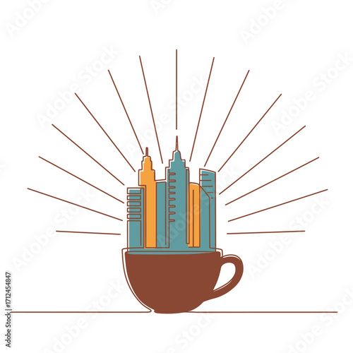 A continuous line art drawing depicts a vibrant urban skyline rising from a coffee cup, symbolizing morning energy and city life.