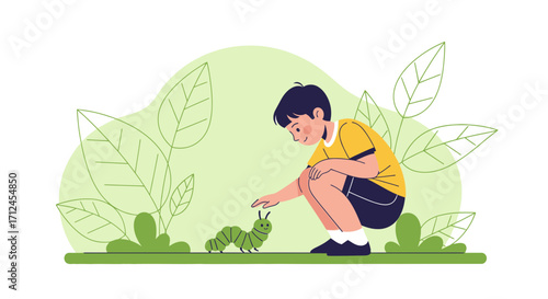 Curious Child's Encounter With A Caterpillar Amidst Verdant Foliage In A Garden
