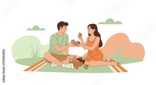 Couple Enjoying Picnic On A Sunny Day With Fruits and Nature Scene Showing Relaxation