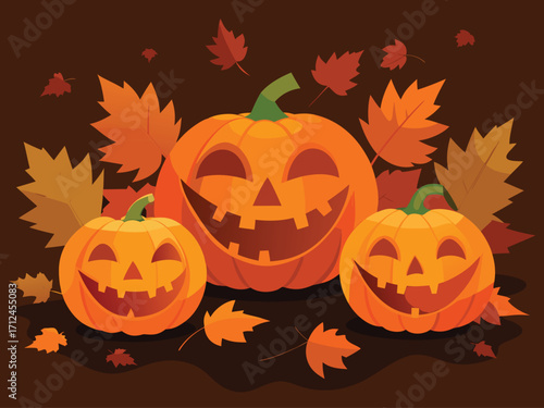 Three Intricately Carved Halloween Jack o Lanterns