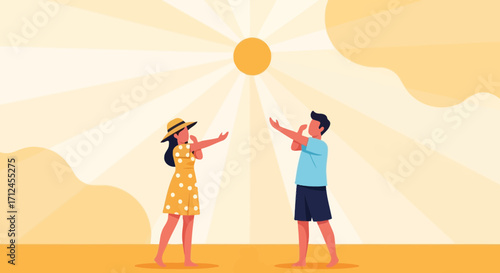 Couple Enjoying The Sunlight: Colorful Visuals And Sunny Weather Illustration Design