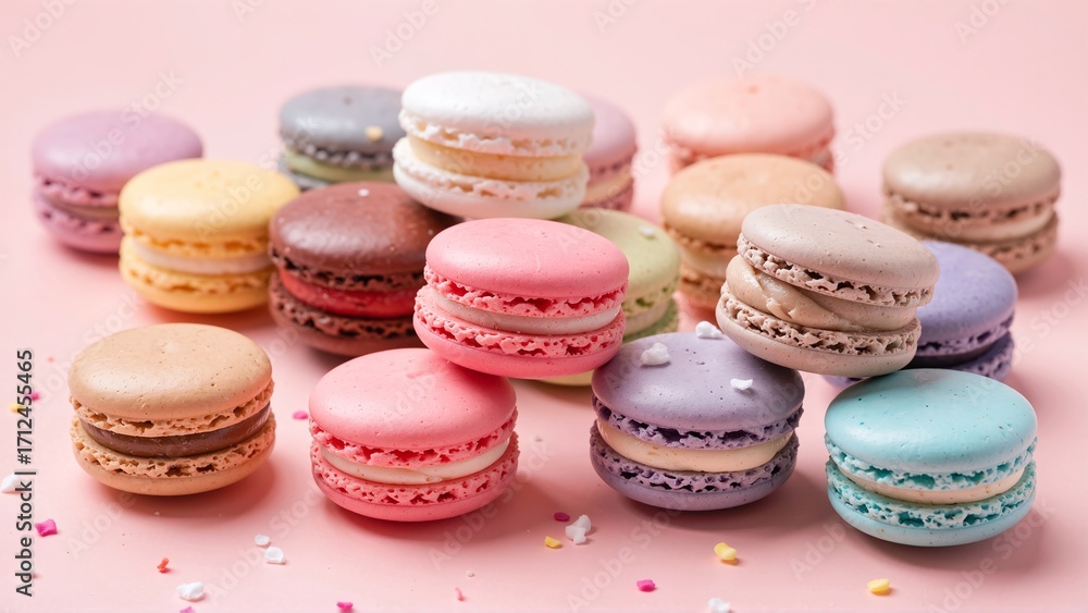 Obraz premium A Delightful Array of Colorful Macarons: A Sweet Pastel Dream in Every Bite, Perfectly Arranged on a Soft Pink Surface