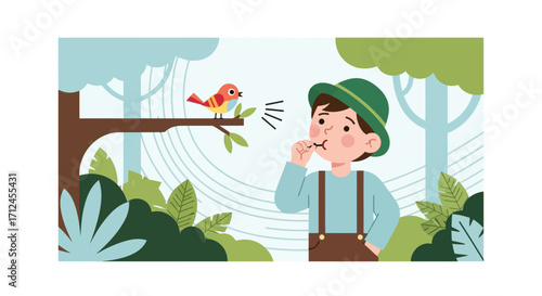 Bird And Boy Whistling Duet In Decorative Meadow With Stylized Foliage Scene