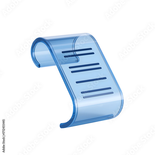 3d icon of  modern, transparent, blue document with content 