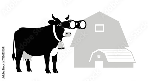 Curious Cow With Binoculars Observing Farm: An Unexpected Rural Concept Illustration