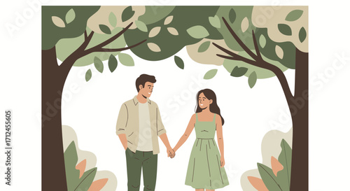 Couple Holding Hands Walking Together In Forest Under Green Trees With White Background