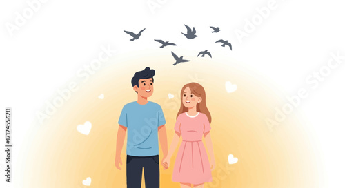 Couple Holding Hands While Birds Fly Above, Symbolizing Love, Happiness, and Freedom