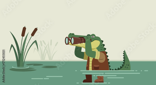 Curious Crocodile With Binoculars Observing Marsh Scenery in a Playful Cartoon Illustration Style