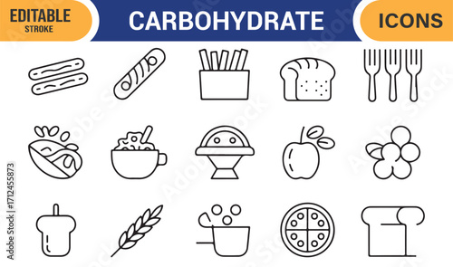Editable carbohydrate vector icons with food elements in minimal outline style