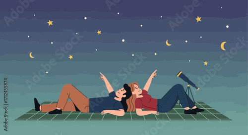 Couple Observing Stars Together Under The Night Sky With A Telescope