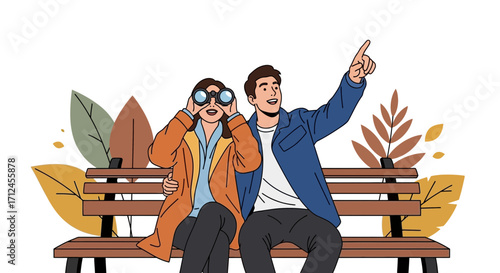 Couple On A Bench Outdoors Enjoying The View And Using Binoculars Together