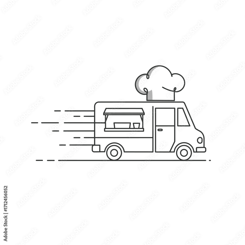 Obraz premium A dynamic line art illustration captures a speedy mobile food truck, complete with a chef's hat, symbolizing fast culinary service and convenient street food delivery.