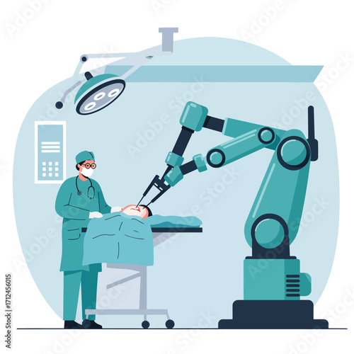 Modern Vector Illustration of Surgical Robot Performing Operation with Medical Practitioner in Clean Hospital Environment