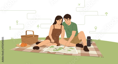 Couple Planning Their Journey Outdoors, Examining Travel Map during a Picnic Time Planning