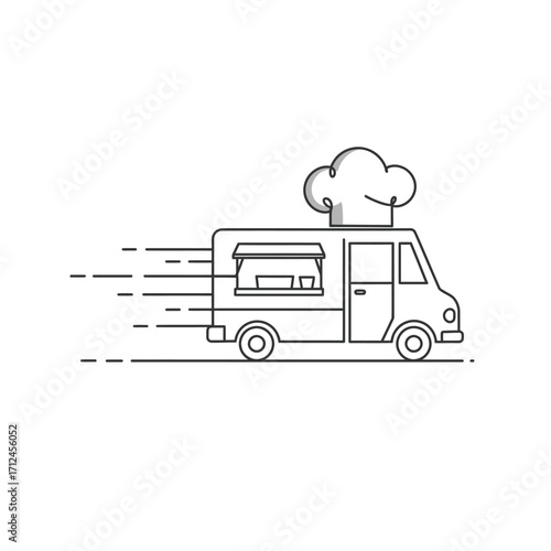 A dynamic line art illustration captures a speedy mobile food truck, complete with a chef's hat, symbolizing fast culinary service and convenient street food delivery.
