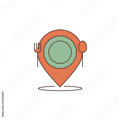This modern vector illustration features an orange location pin with a green plate, fork, and spoon, perfectly symbolizing restaurant discovery, dining, or food delivery.