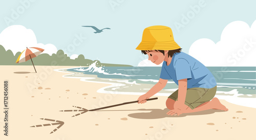 Child Enjoying Beachside Fun Drawing And Discovering Footprints In Sand