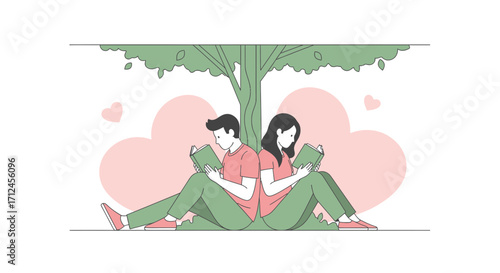 Couple Reading Books Together Beneath a Tree with Hearts Vector Illustration
