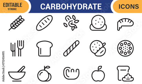 Bakery and carbohydrate food vector icons set with fruits and grains
