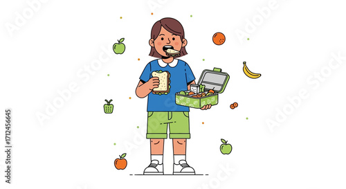 Child Enjoying Lunchbox Meal with Various Fruits and Sandwiches for School Break