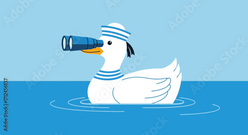 Curious Duckling Wearing Sailor Attire Observing The Horizon With Binoculars