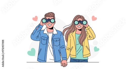 Couple Using Binoculars Searching Together for New Adventures and Discoveries