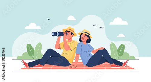 Couple Watching Birds Together Enjoying Peaceful Holiday at the Park Outdoors