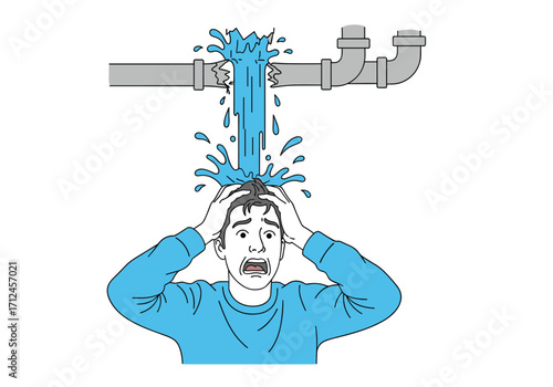 Man overwhelmed by a bursting pipe overhead.