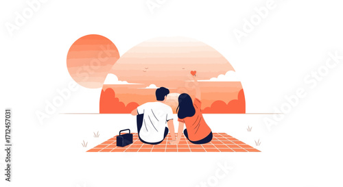 Couple Watching Sunset, Picnic Moment, Romantic Scene, Togetherness, and Serene Landscape