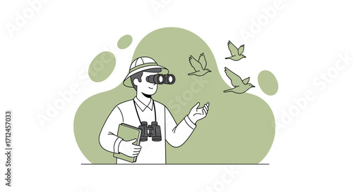 Birdwatcher Observing Sky Creatures, Smiling And Enjoying Nature's Wonderful Spectacle